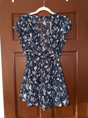 Navy Floral V-Neck Ruffled Romper